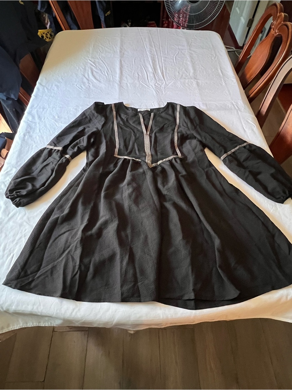 Long-Sleeve Black Embroidered Tunic Dress